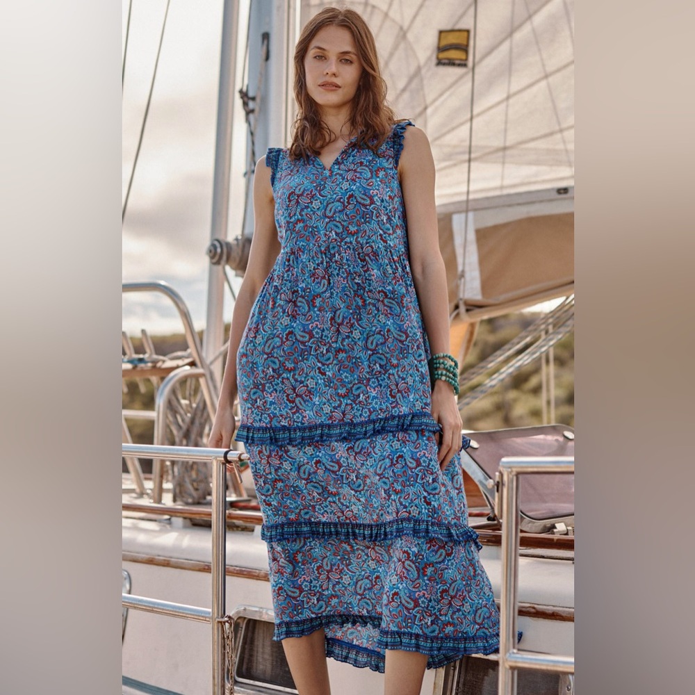 J. Jill Women’s Size L Coastal Ruffles Sleeveless Midi Dress Blue Paisley